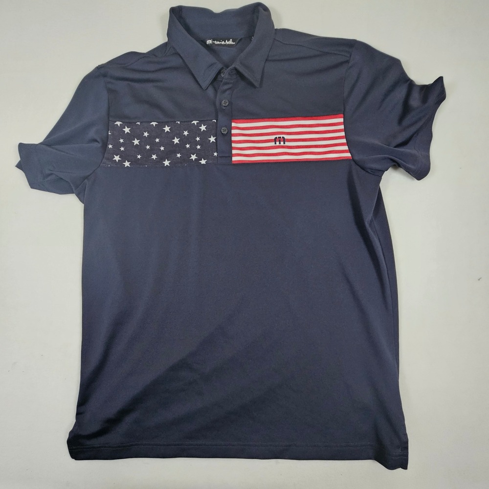 TravisMathew Mens USA American Flag Polo Shirt Navy Blue Large 1MS361 Golf Top